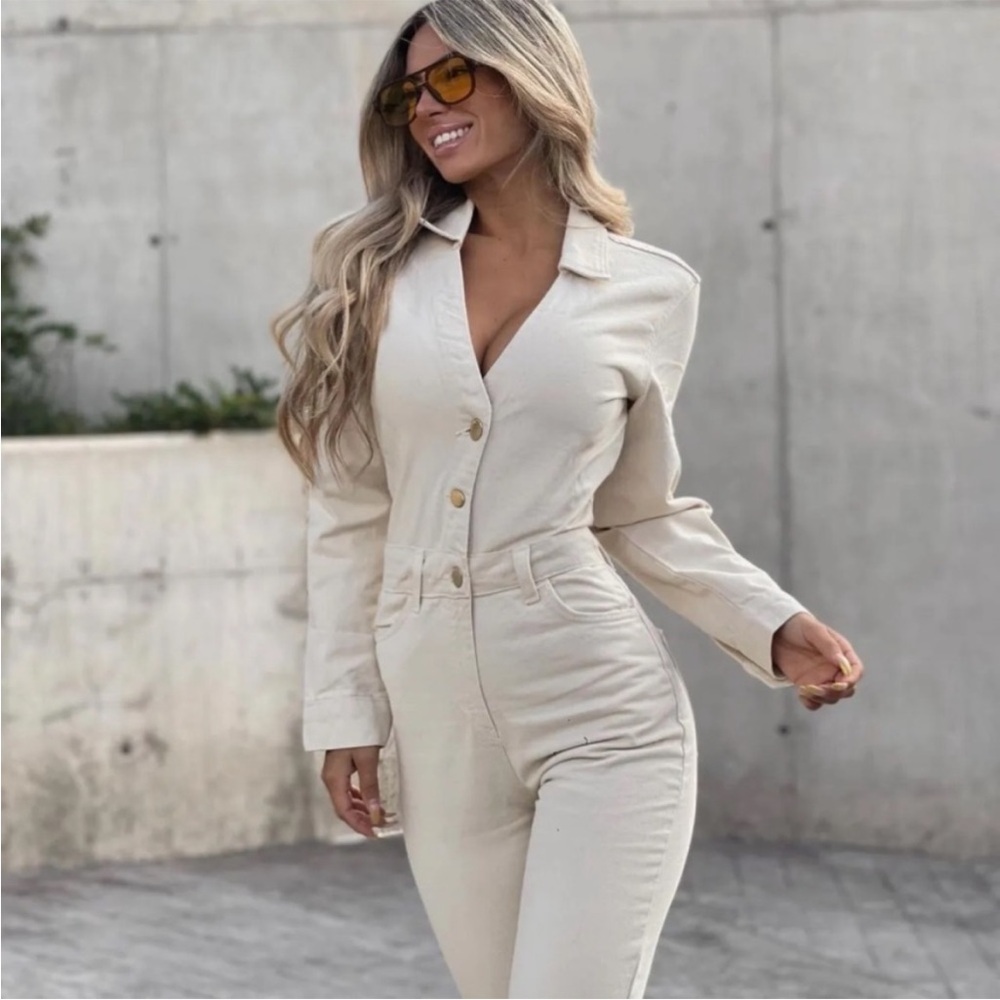 Zara Mica Denim Jumpsuit Long Sleeve Full Length White Size S